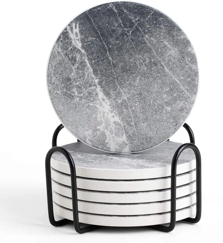 Miniatura 15 de LIFVER Juego de 6 posavasos para bebidas, piedra absorbente con soporte, posavasos de cerámica estilo mármol negro para protección de mesa, amarillo