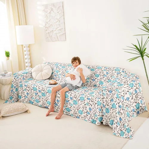 Miniatura 4 de Erosebridal Funda de sofá floral de 71 x 91 pulgadas, diseño de loto, antideslizante, acuarelas, diseño de hojas de flores azules, con pintura