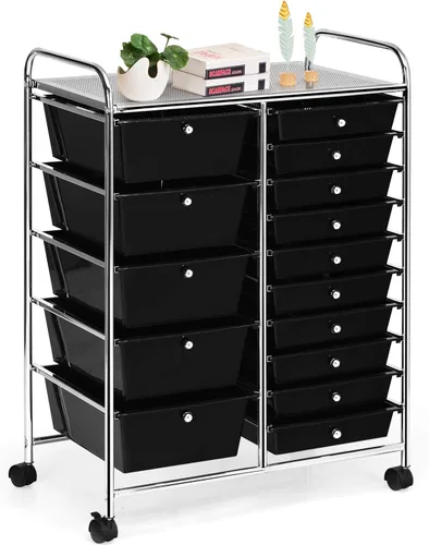 Miniatura 29 de HAPPYGRILL Carro Rodante con 15 Cajones, Carros de Almacenamiento con Cajones Removibles y Marco de Acero, Carro Utilitario con Ruedas Bloqueables