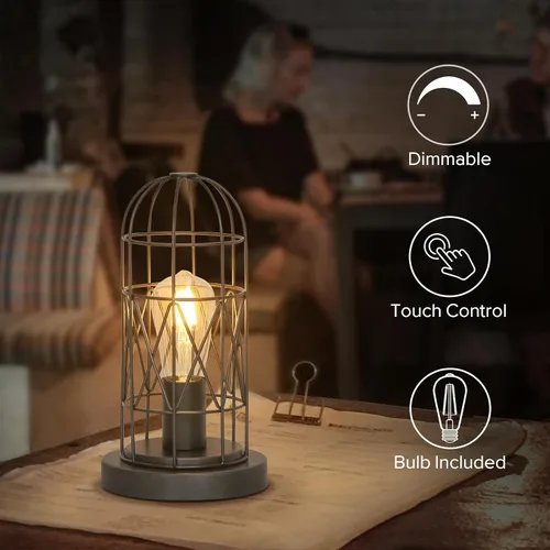 Miniatura 2 de Pequeña Lámpara Industrial, Lámpara de Mesa de Control Táctil Regulable de 3 Vías, Lámpara Edison Steampunk de Hierro Rústico Vintage, Lámpara