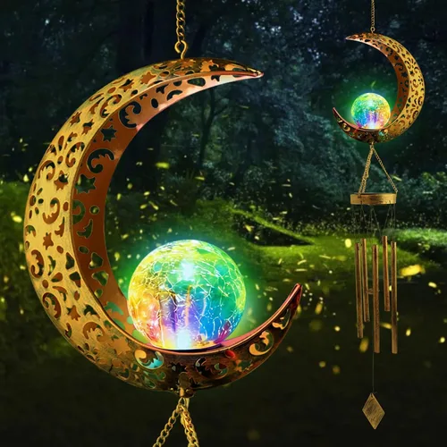 Colorful Solar Moon Wind Chimes for Outside Unique Birthday Mom Gifts for Women Mom Grandma Crackle Glass Ball LED Wind Chimes Solar Lights Outdoor