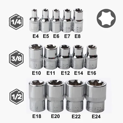 Miniatura 2 de Juego de llaves hembra E Torx con estuche, 1/4, 3/8, 1/2 pulgadas Drive E4-E24 Kit de llaves de torque externas, 14 piezas Negro