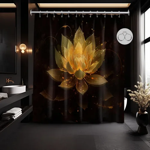 Miniatura 14 de Cortina de ducha con flores de loto negro y azul para decoración de baño, juego de cortinas decorativas de baño con estampado floral, tela
