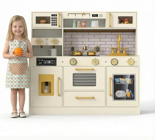 Miniatura 10 de Costzon Cocina de Juego para Niños, Set de Juego de Cocina de Juguete de Madera con Máquina de Hielo, Cafetera, Lavadora, Cortina, Microondas