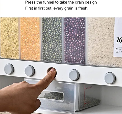 Miniatura 4 de Dispensador de arroz, dispensador de alimentos secos de 6 rejillas montado en la pared, recipientes grandes de almacenamiento de cereales secos