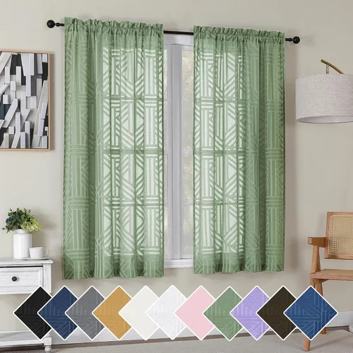 Miniatura 49 de Simplebrand Cortinas traslúcidas negras de cocina de 24 pulgadas de largo, 2 paneles, filtrado de luz, geométrico jacquard con textura, cortinas