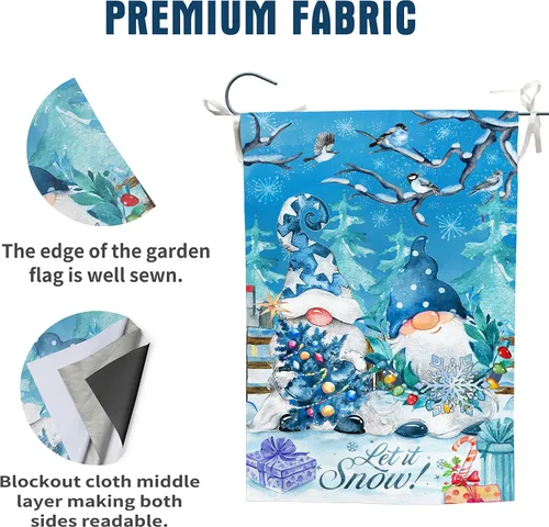 Miniatura 2 de Bandera de jardín de copos de nieve de gnomo azul de doble cara, Let it Snow Invierno decorativo para casa, patio, bandera pequeña al aire libre
