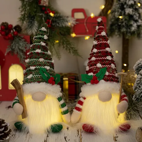 Adornos de gnomo de Navidad iluminados, 2 paquetes con luz LED, funciona con pilas, gnomos de Navidad suecos brillantes, juegos de hombres y mujeres