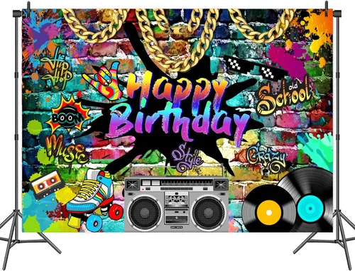 Miniatura 2 de Telón de fondo de cumpleaños de Hip Hop de 5 x 3 pies, tema de los años 80 y 90, graffiti de ladrillo de roca, fondo de fotos retro para fiesta