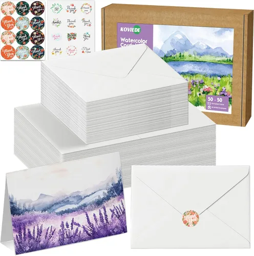 Paquete de 50 tarjetas de acuarela plegables en blanco con sobres de 4 x 6 pulgadas, 140 lb peso pesado, 100% algodón, blanco, sin ácido, tarjetas