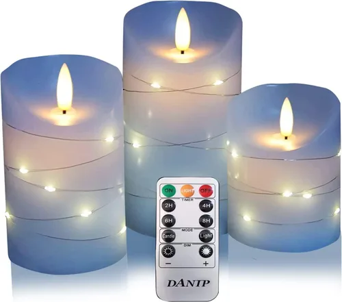 Miniatura 7 de DANIP - Vela LED sin llama azul cielo, con cuerda de estrella integrada, juego de 3 velas LED, con control remoto de 11 botones, función de Sky