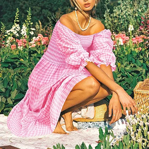 Miniatura 5 de NIUQI Vestido midi bohemio a cuadros para mujer cuello cuadrado hombros descubiertos manga abombada fruncido escalonado con volantes
