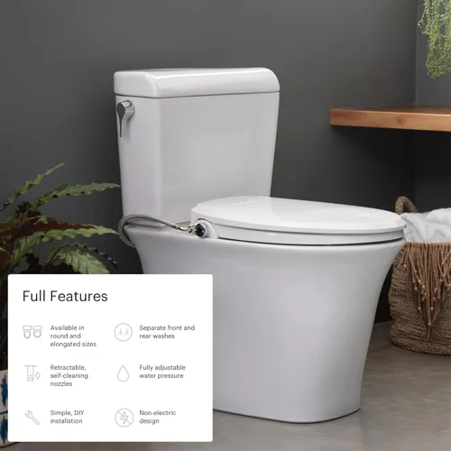 Miniatura 3 de Brondell Asiento de inodoro de bidé no eléctrico, asiento ecológico Swash, se adapta a inodoros alargados, color blanco, sistema de boquilla doble