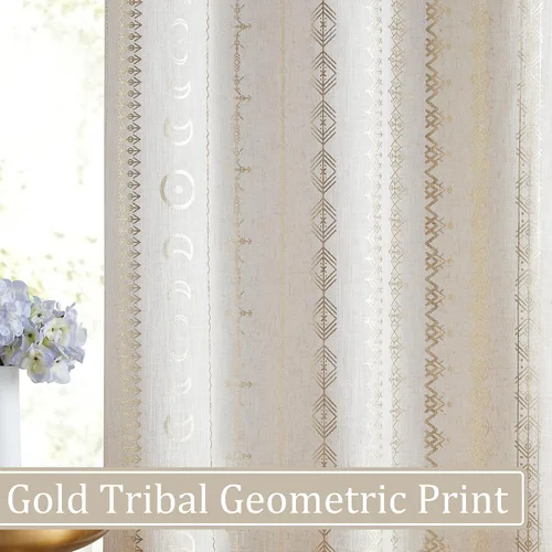 Miniatura 3 de SXZJTEX Cortinas de lino dorado para sala de estar, cortinas bohemias étnicas tribales geométricas celestiales con filtro de luz de 63 pulgadas