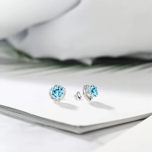 Miniatura 165 de Gem Stone King Aretes de plata de ley 925 de 0.236 in con piedra natal redonda para mujer