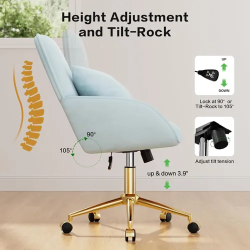 Miniatura 6 de Silla de escritorio para oficina en casa cómoda con ruedas ajustables giratorias, silla moderna de terciopelo para maquillaje con respaldo y Azul