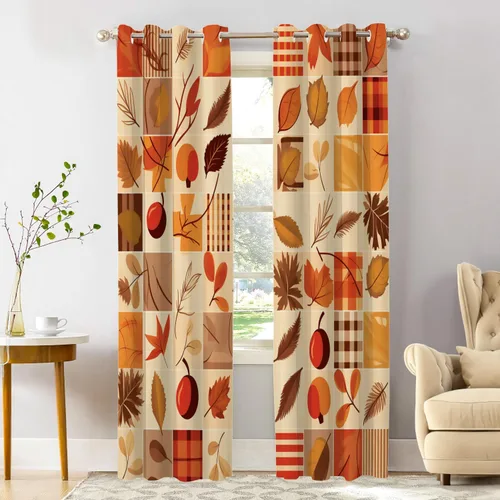 Miniatura 36 de Shrahala Cortinas de hojas de arce otoñales para ventanas de cocina, hojas rojas ardientes, fondo marrón, paneles de cortina de ventana de poliéster