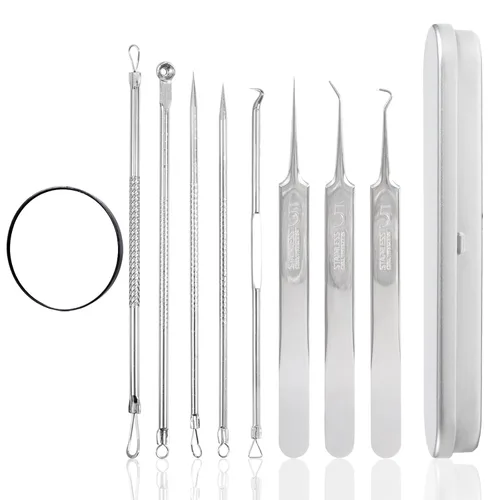 8 piezas de agujas de acné de acero inoxidable para eliminar puntos negros, pinzas de limpieza de acné, kit de herramientas para reventar espinillas