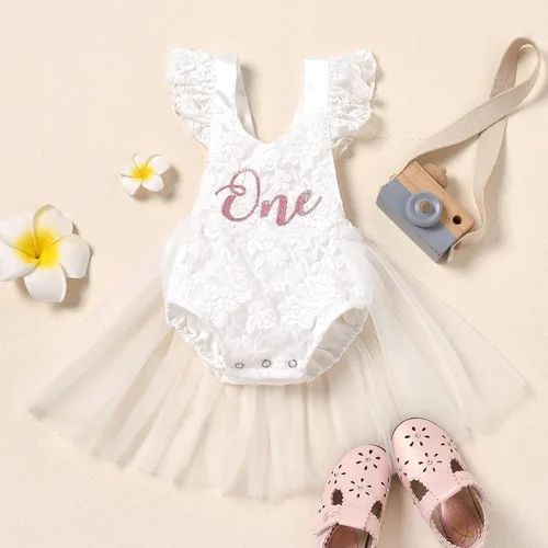 Miniatura 8 de Traje de bebé niña primer cumpleaños traje de encaje tul mameluco princesa tutú vestido de un año cumpleaños pastel Smash fotografía ropa
