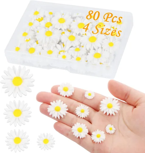 80 piezas de flores de margarita de resina, dijes de flores de CCOZN con parte trasera plana con caja de almacenamiento, pequeñas cuentas de flores