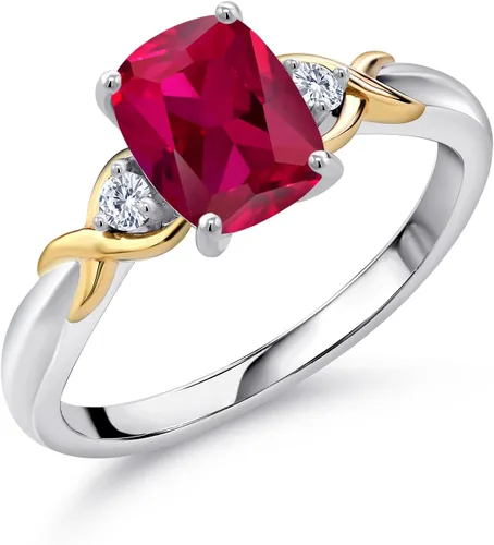 Miniatura 74 de Gem Stone King Anillo de compromiso de 3 piedras preciosas de plata 925 y oro amarillo de 10 quilates de 0.315 x 0.236 in de talla cojín y diamante