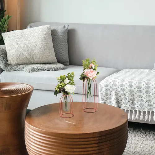 Miniatura 3 de FSyueyun Florero de oro rosa para decoración del hogar con estante de metal, jarrones de vidrio dorado para centros de mesa, jarrones de brote