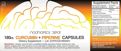 Miniatura 2 de Nootropics Depot Cápsulas de curcumina + piperina 1000 mg de curcumina + 6 mg de piperina 180
