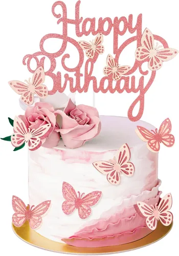 Miniatura 8 de 21 Piezas de Adornos de Mariposa para Pastel con Adornos de Pastel de Feliz Cumpleaños, Mariposas 3D en Rosa y Oro para Pastel, Adornos de Pastel