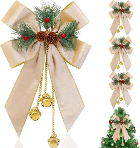 Miniatura 9 de Yinkin Corona de Árbol de Navidad Lazo Lazos de Cinta de Navidad con Campanas 11 x 7.8 pulgadas Terciopelo Cono de Pino Lazo Adornos Colgantes
