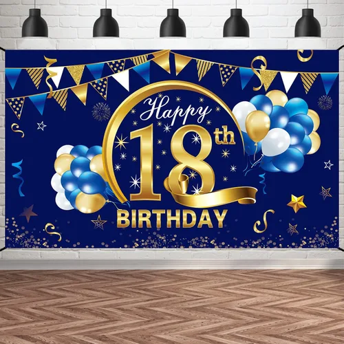 Miniatura 11 de Cartel de cumpleaños número 15 azul dorado para niños, suministros de fiesta de telón de fondo, letrero de fondo para fotos de cumpleaños de 15 años