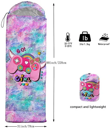 Miniatura 3 de Saco de dormir para niñas, diseño de acuarela con consola de juegos, ligero, cálido, para exteriores, interiores, impermeable, resistente al frío