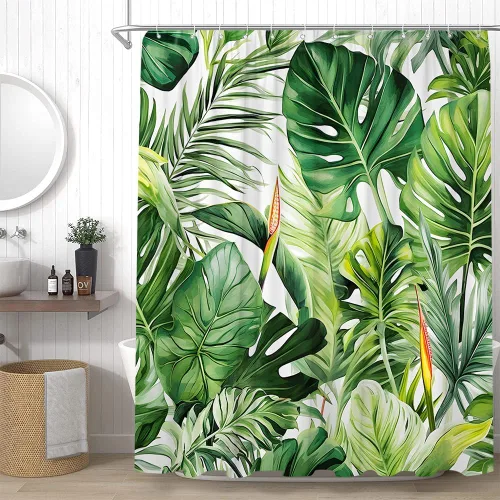 Cortina de ducha de hojas verdes tropicales, hojas de palmera, Monstera, plátano, selva, acuarela, decoración de baño, juego de cortinas con ganchos