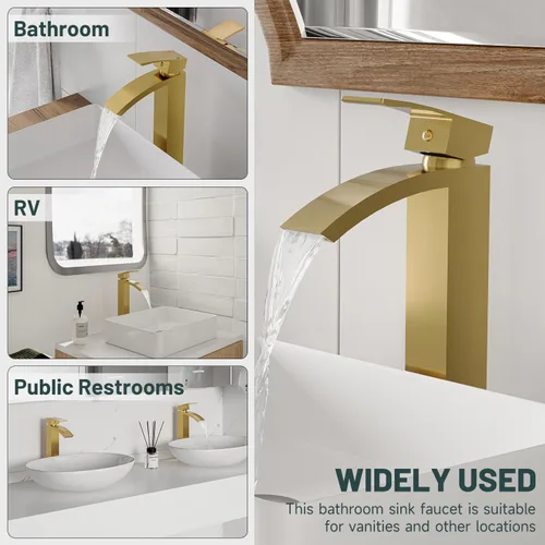 Miniatura 7 de Grifo de lavabo de vaso en oro cepillado, grifos de baño estilo cascada, grifos de baño de una sola manija y un solo agujero de boquilla alta