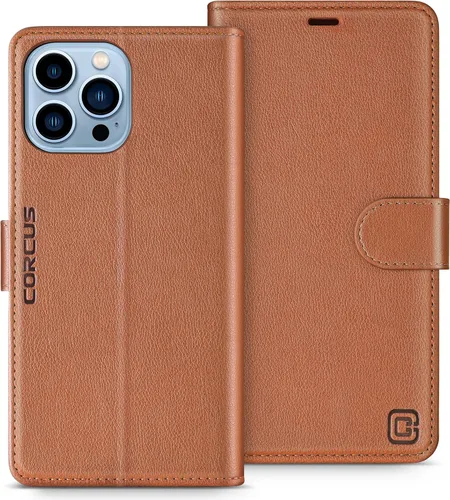 Miniatura 15 de Funda tipo cartera para iPhone 13 Pro Max de 6.7 pulgadas, con bloqueo RFID, tarjeteros, función atril, cierre magnético, de piel sintética, Coñac
