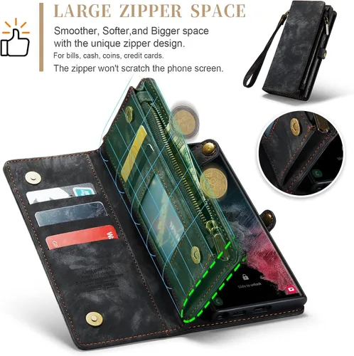 Miniatura 4 de Asuwish Funda de teléfono para Samsung Galaxy S22 Ultra 5G con cremallera, protector de pantalla de vidrio templado y tarjetero abatible, accesorios