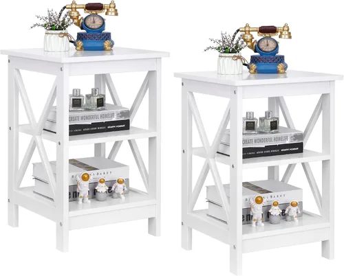 ZENY Juego de 2 mesas auxiliares, estante de almacenamiento lateral para sofá, mesa auxiliar de madera versátil con diseño X, sala de estar, Blanco