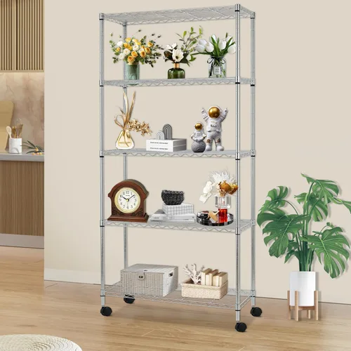 Miniatura 2 de FDW Estantes de almacenamiento de alambre de 5 niveles con ruedas, 30 x 14 x 61 pulgadas, cromados, estantes ajustables, estante de metal Cromo
