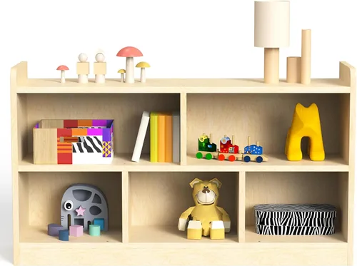 bbgroundgrm Estante Montessori de madera contrachapada de abedul – Armario de almacenamiento de 5 secciones, organizador de 2 estantes para niños,