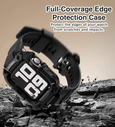 Miniatura 4 de ULTIMAL - Correa resistente con estuche para Apple Watch Ultra 3/2/1 (49 mm) y SE 3/2/1 y Series 11 10 9 8 7 6 5 4 (46 mm/45 mm/44 mm), correa Negro