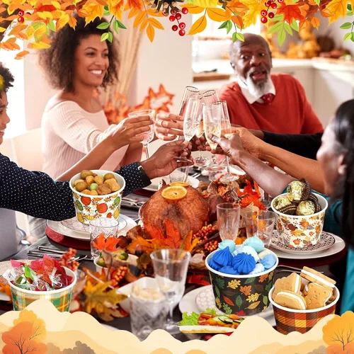 Miniatura 6 de Uiifan 200 cuencos de papel de otoño de 9 onzas, cuencos desechables de Acción de Gracias, hojas de otoño, tazones de calabaza, cuencos de postre