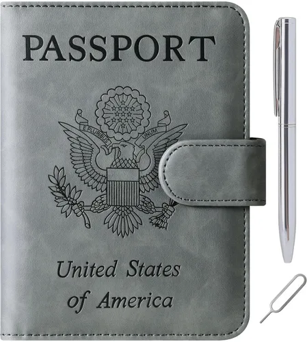 Miniatura 14 de Funda para pasaporte, cartera, artículos esenciales de viaje, de cuero, estuche con bloqueo RFID, equipaje de vacaciones, artículos imprescindibles