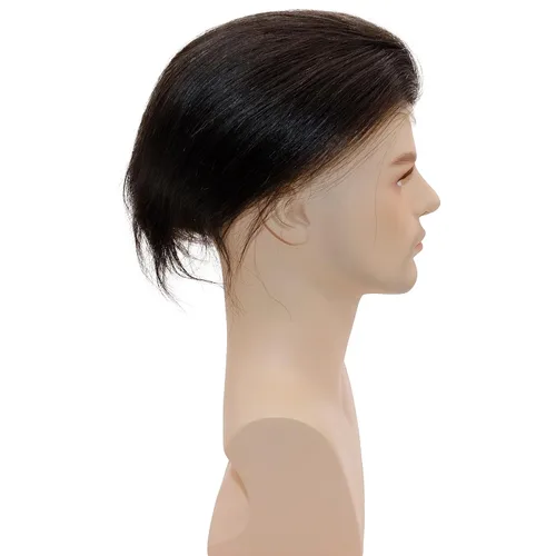 Miniatura 5 de Peluca de cabello humano europeo de repuesto para hombre, encaje suizo frontal, 0.003 in, piel fina, poliuretano, con bucle, 10 x 8 pulgadas