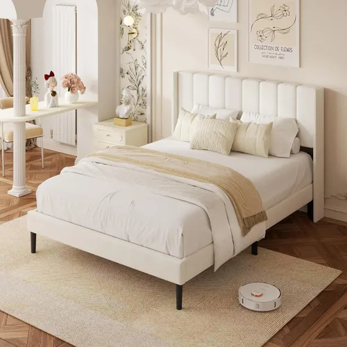Miniatura 9 de Base de cama tamaño Queen con cabecero vertical Chanel acolchado y respaldo de alas, cama de plataforma tapizada, listones de madera fuertes, fácil