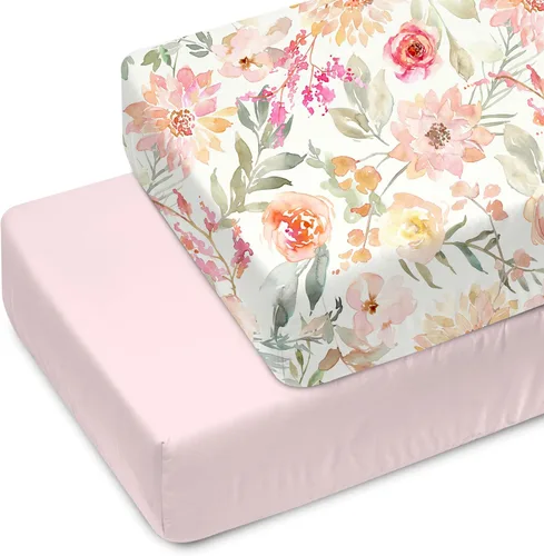 Sábanas para cuna para bebé, paquete de 2 unidades, ropa de cama ultrasuave floral y rosa sólido para colchón de cuna y camas pequeñas, sábana