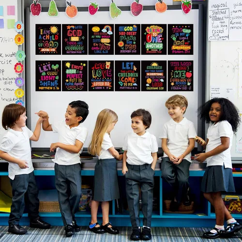 Miniatura 7 de Cinrobiye 12 carteles con versículo bíblico para niños, arte de pared cristiano inspirador con citas de las Escrituras, decoración religiosa