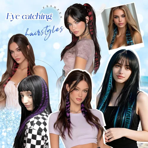 Miniatura 6 de FESHFEN Extensiones de cabello con clip con estampado de leopardo, 6 unidades, extensiones de cabello sintético largo y liso con clip, extensiones