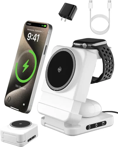 Miniatura 9 de Estación de carga inalámbrica plegable 3 en 1, soporte de cargador magnético Qi2 de 15 W para iPhone, Samsung, Apple Watch, Galaxy Watch, AirPods