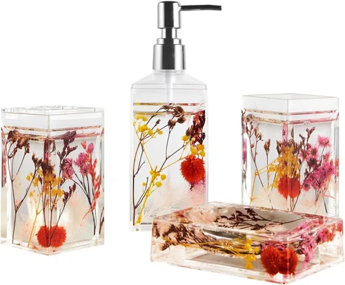 Miniatura 23 de Locco Decor - Juego de 4 piezas de accesorios para tocador de baño, acrílico líquido con movimiento flotante 3D en forma de hoja