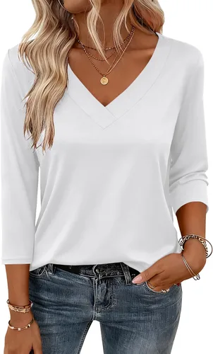 Miniatura 23 de Zeagoo Camisetas de manga 3/4 para mujer, cuello en V, blusa casual elegante, camisetas básicas 2026, ropa de moda S-2XL