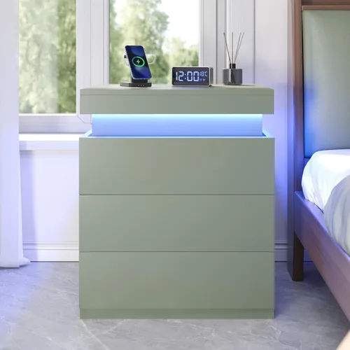 Miniatura 13 de ADORNEVE Mesita de noche con estación de carga y luces LED, mesa auxiliar con parte superior deslizante, mesa de noche con cajones, mesa lateral